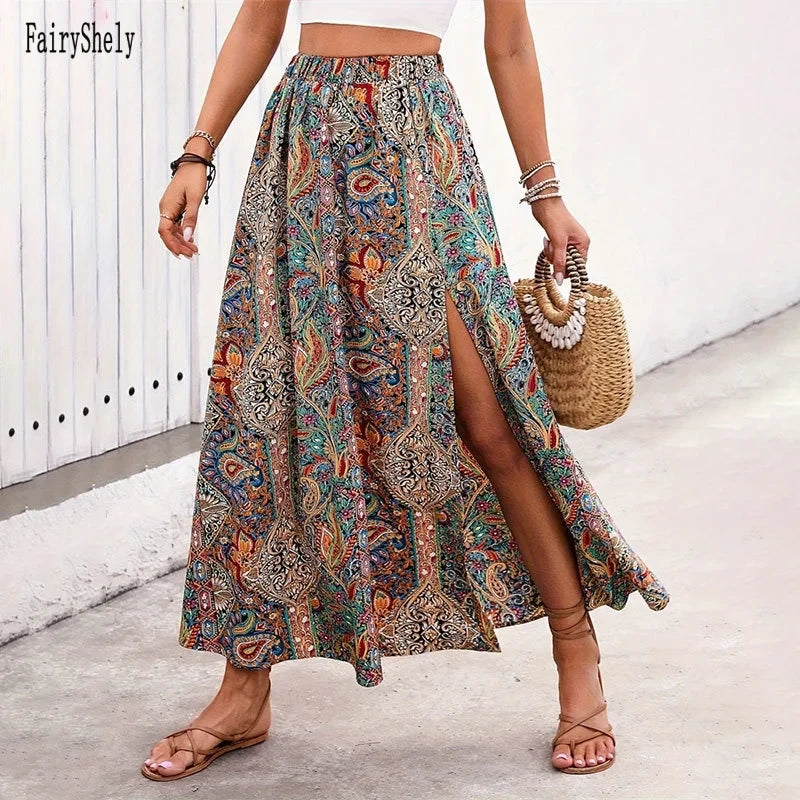 Vintage Bohemian Ethnic Print Long Skirt Women 2026 Summer Casual High Waist Skirt Lady Elegant Boho A line Split Pleated Skirt